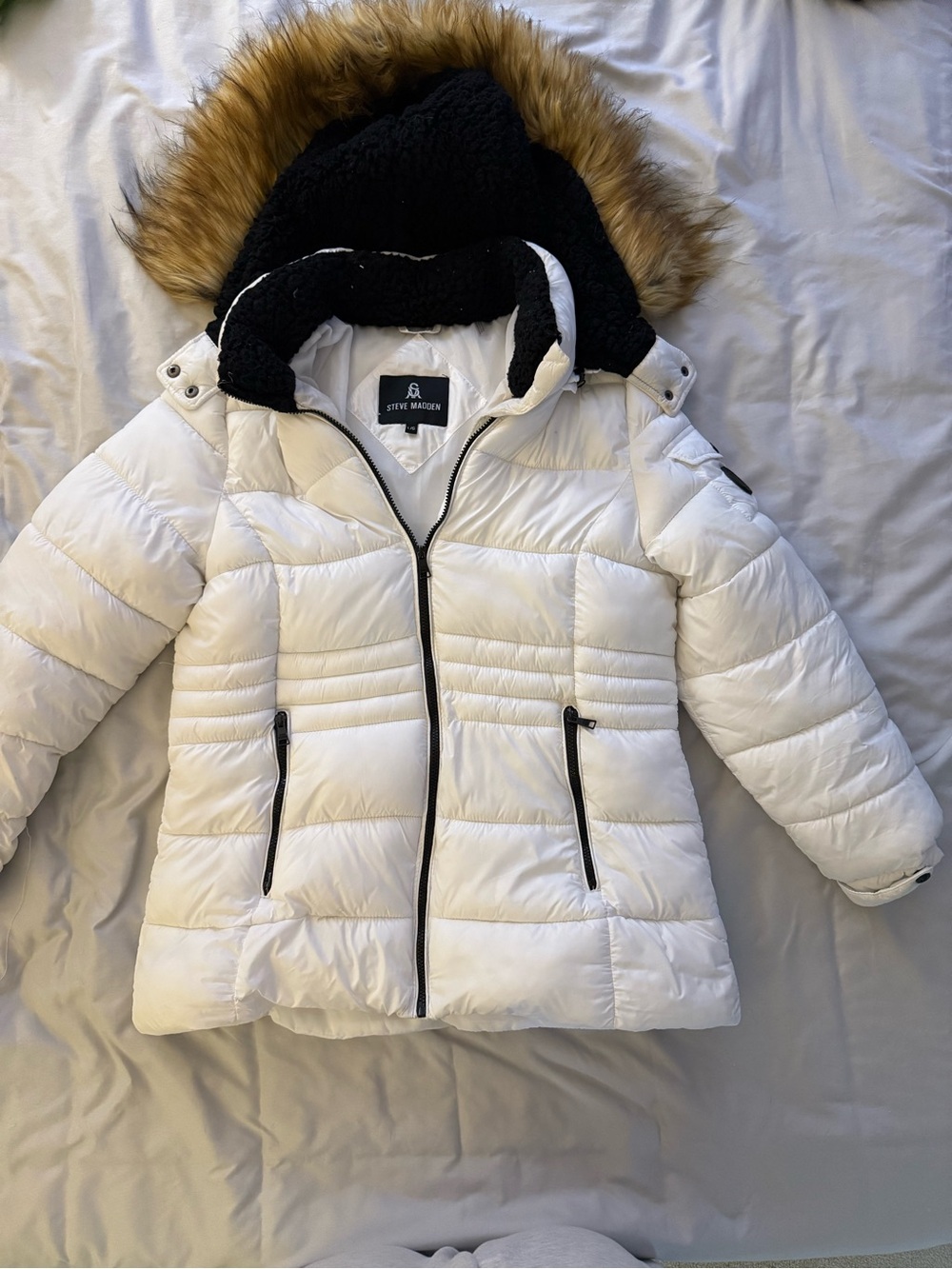 Steve Madden White Quilted Puffer with Faux Fur Hood Trim